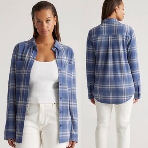 Quince M Blue White Plaid Stretch Sweater Shacket Fleece Button Down Soft